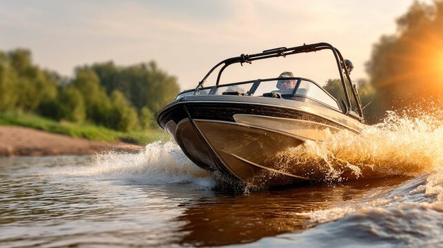 Speedboat racing across water at sunset with spray and wake in motion