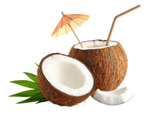 Refreshing tropical coconut drink with umbrella and straw isolated on white background.