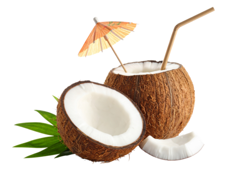 Refreshing tropical coconut drink with umbrella and straw isolated on white background.