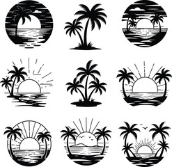 Tropical palm tree sunset silhouette illustration set, summer beach vector logo icons, sunrise sea design, island vacation art for travel, nature and paradise themes