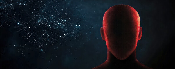  digital human head composed of red binary code floats against a dark background with scattered glowing particles.