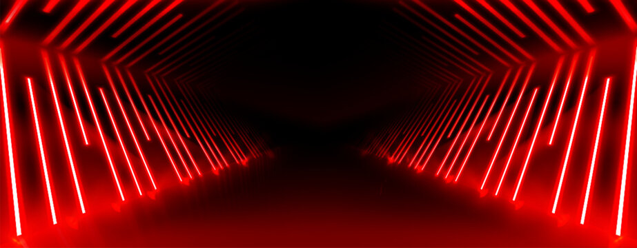 Futuristic red neon tunnel with glowing geometric lines - abstract corridor perspective with bright laser arrows creating infinite depth for cyberpunk bg, gaming or electronic music designs.