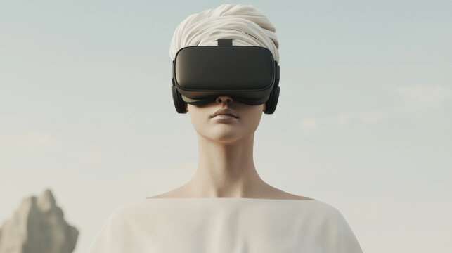 woman with a white headwrap wears a virtual reality headset against a minimalist, pale background.