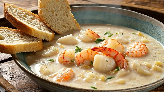 Creamy seafood chowder served in a rustic bowl with toasted bread on a wooden table