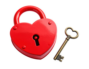 Heart-shaped padlock with matching key symbolizing love and security isolated on white background