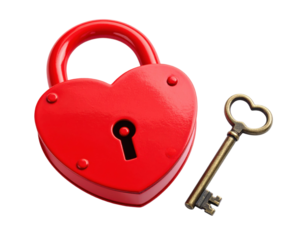 Heart-shaped padlock with matching key symbolizing love and security isolated on white background