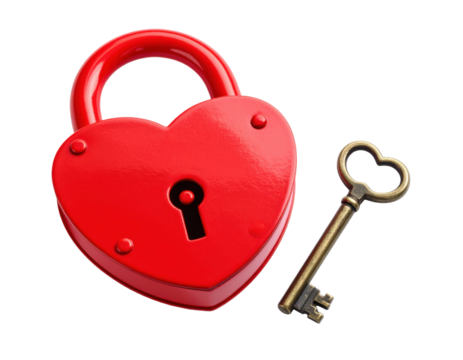 Heart-shaped padlock with matching key symbolizing love and security isolated on white background