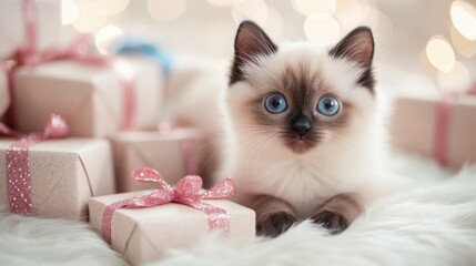 A beautiful fluffy Siamese kitten relaxes near colorful birthday gifts, with a soft light illuminating the playful ambiance of the setting.