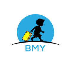 Cute Kid Travel Logo with Suitcase – BTY Child Travel Brand Icon Design.

