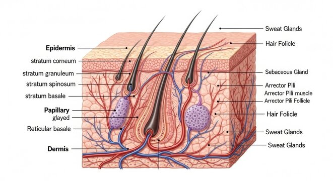 Detailed Anatomical Illustration of Human Skin and Hair Follicle Structure