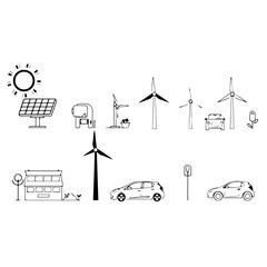 Outlined Vector Icons of Sustainable Energy – Solar, Wind, Hydro & EV
  ecology flat icon set
