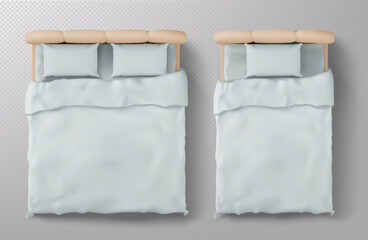 Top view bed mockup with white bedding. Realistic 3d beige headboard, pillows and blanket from above on transparent background for interior design, furniture catalog or bedroom decoration concept.