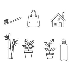 Thin Line Eco Lifestyle Icon Pack – Bamboo, Plant, and Reusables set of gardening tools