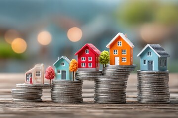 Miniature houses on stacks of coins