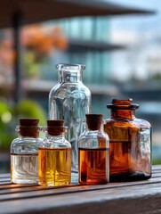 Glass bottles with liquids on a wooden surface