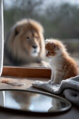 Kitten and lion through window