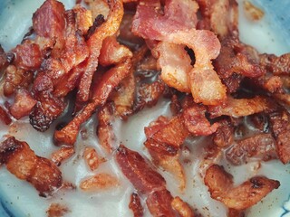 Crispy bacon close-up, lard with bacon