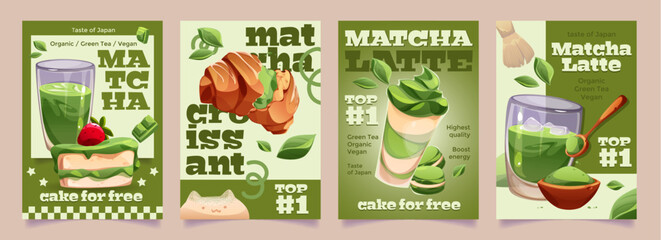 Matcha promotional poster designs - Japanese green tea cafe marketing materials with latte drinks, traditional whisk preparation and desserts. Organic vegan beverage advertisements for restaurant.