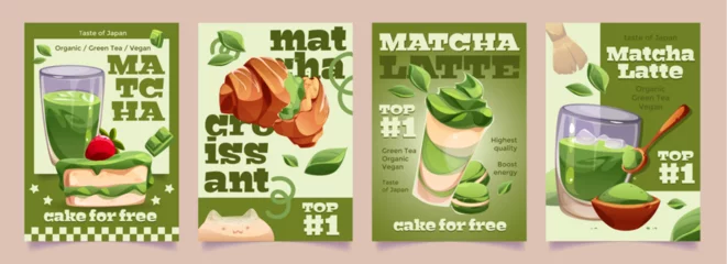 Gordijnen Matcha promotional poster designs - Japanese green tea cafe marketing materials with latte drinks, traditional whisk preparation and desserts. Organic vegan beverage advertisements for restaurant. © klyaksun
