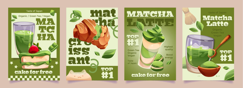 Matcha promotional poster designs - Japanese green tea cafe marketing materials with latte drinks, traditional whisk preparation and desserts. Organic vegan beverage advertisements for restaurant.