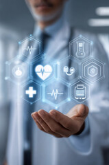 Doctor's hand offers a set of holographic medical icons. Diagnostics, medical tests and health care concept. Digital illustration for poster, commercial, visual, design