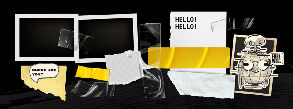 Y2k photo frame collage with nostalgic elements - instant film borders, yellow tape strips, torn paper note, speech bubble, retro sticker design. Mixed media scrapbook style for 2000s aesthetic.