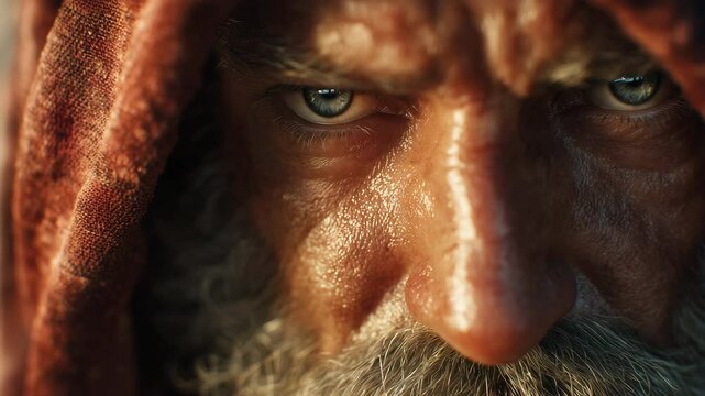 Intense close-up of Moses, with a weathered face and piercing eyes, captured in a dramatic, cinematic style with subtle camera movements enhancing emotional depth.