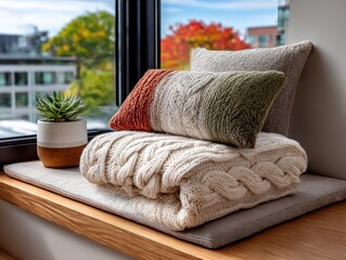Knitted throws and pillows by window