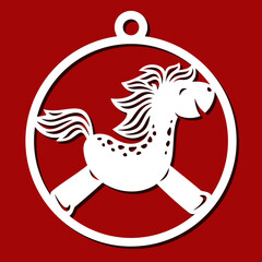 Christmas ball with funny horse. Round hanging decoration, toy, pendant with cute pony. Template for plotter laser cutting of paper, fretwork, wood carving, metal engraving, cnc. Vector illustration.