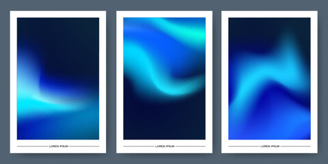 Aurora gradient background set with flowing blue cyan lights - northern lights effect blending turquoise into deep navy, smooth transitions, white frames with color waves for modern poster designs.