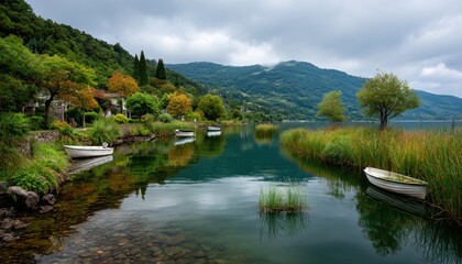 Lakeside houses, calm water, autumn colors