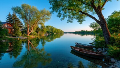 Lakeside houses reflected in tranquil water