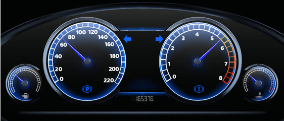Fototapeta premium Modern car dashboard with illuminated speedometer gauges - black automotive panel displaying speed, RPM meters, fuel and temperature indicators. Digital mileage counter with vehicle statistics.