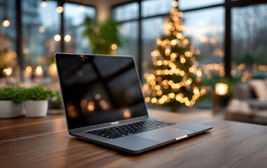 Laptop on a table, Christmas lights