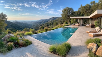 Panoramic view of a modern pool house