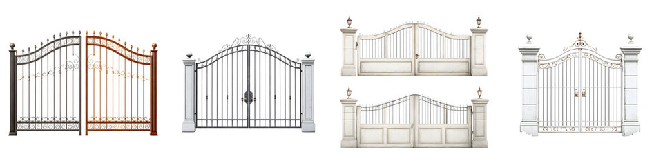 Elegant Iron and Stone Gates Isolated on White Background