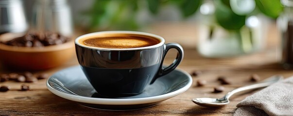 Early espresso with coffee props and caffeine kick concept. A close-up of a coffee cup on a wooden table with beans.