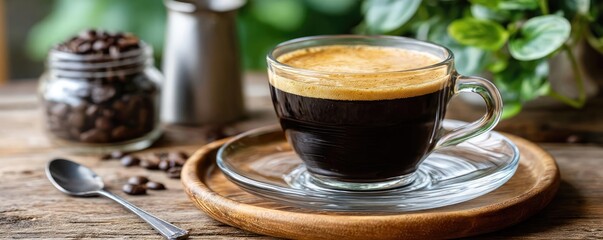 Early espresso with coffee props and caffeine kick concept. Delicious cup of espresso on a wooden table with coffee beans.