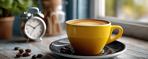 Early brew for caffeine kick and early work coffee concept. A vibrant yellow coffee cup on a rustic table near a window.