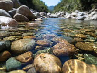Clear river water revealing smooth stones below the surface.