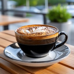 Latte art on a black coffee cup