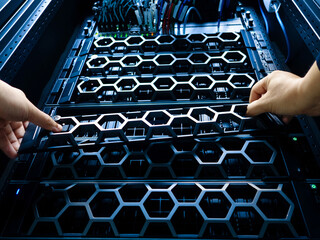 Hands Working on Server Rack in Data Center