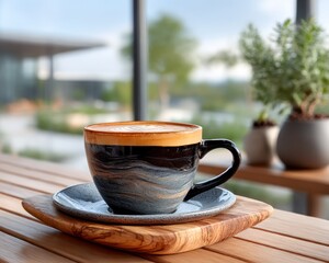 Latte on a patio overlooking a park