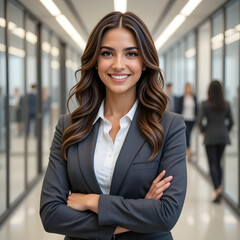 Retrato profesional de mujer joven sonriente en oficina moderna
