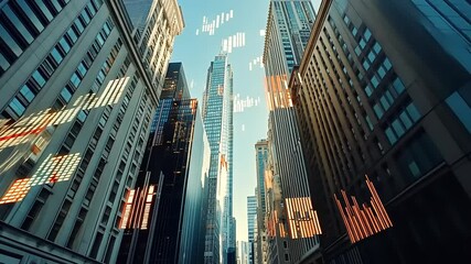 A bustling cityscape with towering skyscrapers and digital overlays depicting financial data trends - Powered by Adobe