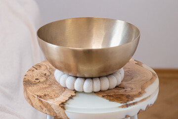 Brass Singing Bowl on Decorative Wooden Stand