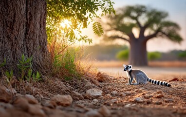 Lemur in African Savanna sunset