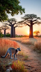 Lemur at sunset in Baobab trees