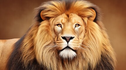 Close-up of a majestic male lion with a golden mane and intense gaze