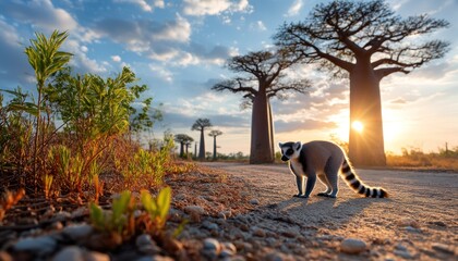 Lemur on dirt road, baobab trees, sunset
